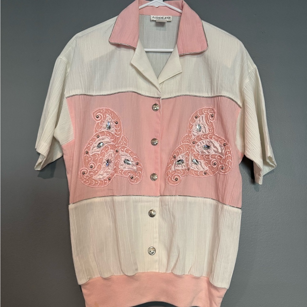 Adolfo Pink and Cream Button Down Shirt with Notched Collar‎